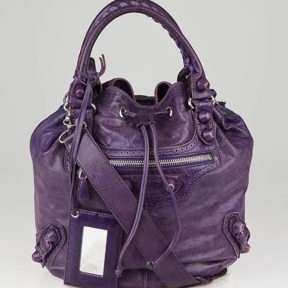 Balenciaga Raisin Giant Brogues Pompom Purple distressed Leather Cross Body Bag
